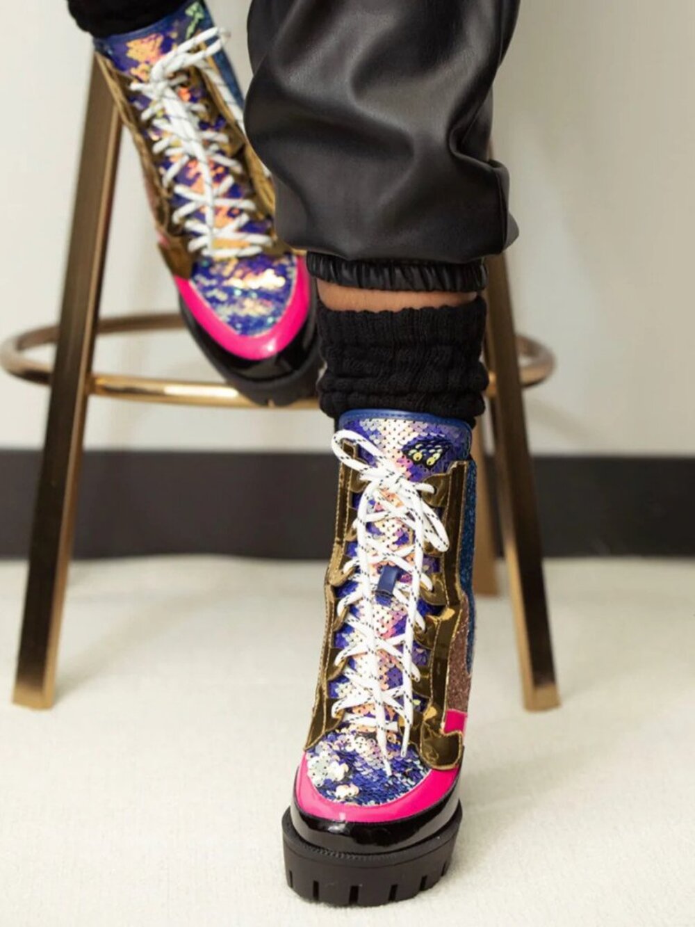 NEW🔥Mermaid Sequin Glitter Lace Up Combat Ankle Booties Boot Platform High Heel - Picture 2 of 6